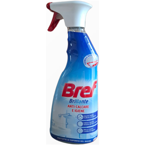 Bref Brilliante vonios higienos valiklis 750ml Purškiamas Bref Brillante valiklis nuo kalkių ir nešvarumų vonios kambariui.