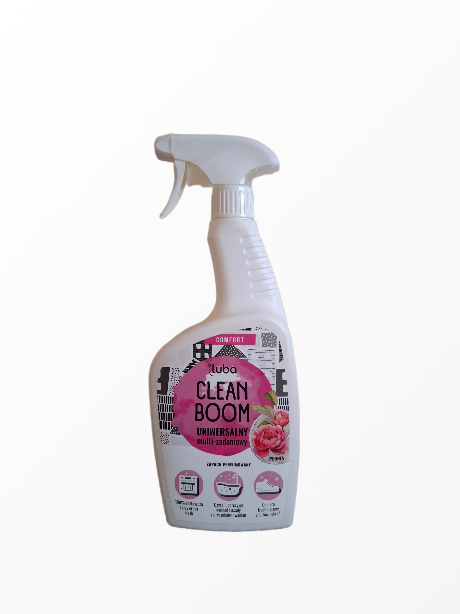 Universalus paviršių valiklis Luba Clean Boom Peonia su purškikliu, 600 ml talpos buteliukas