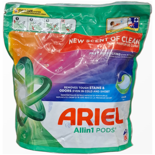Ariel Allin1 Pods Color skalbimo kapsulių pakuotė su New Scent of Clean kvapu spalvotiems audiniams