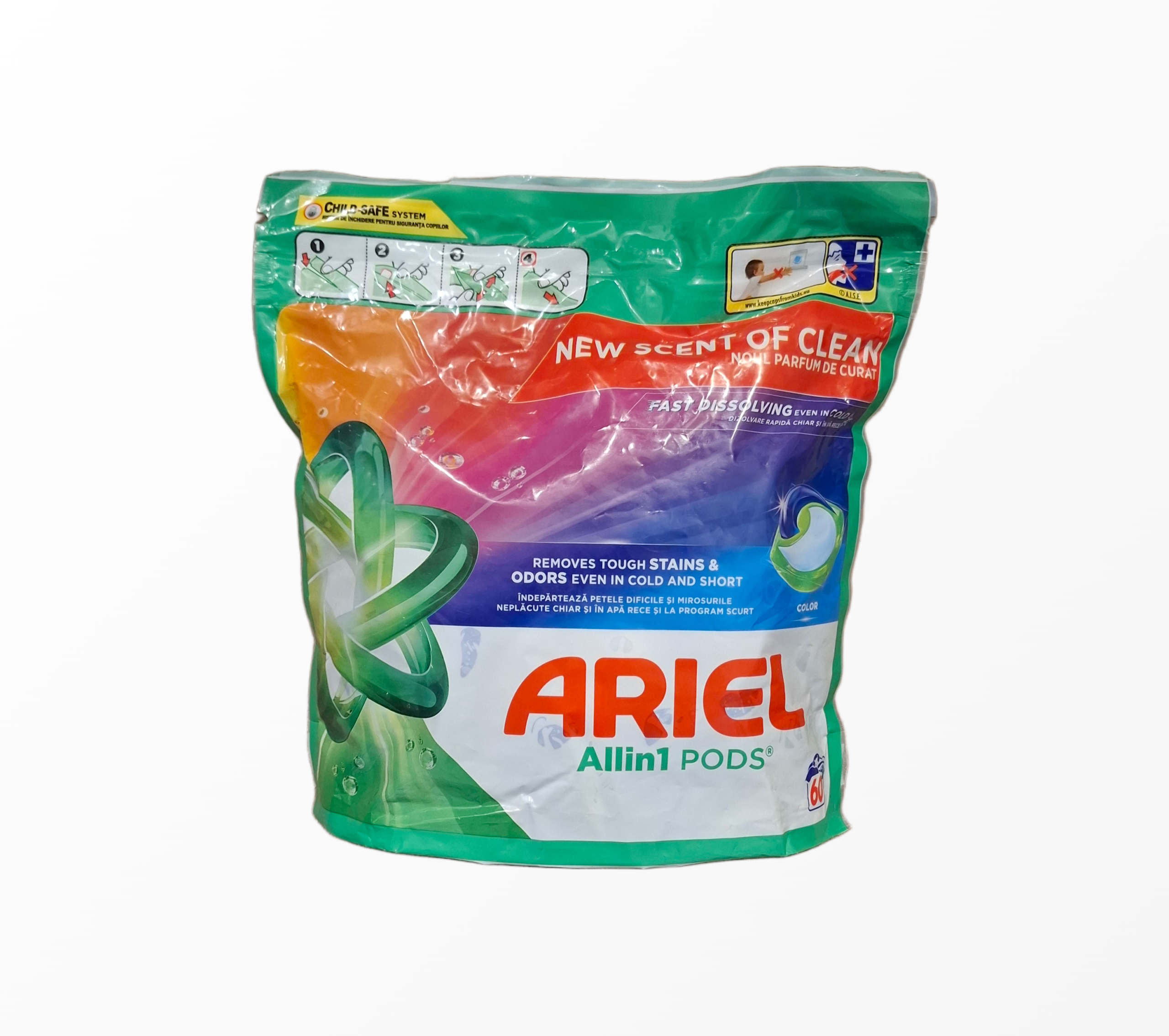 Ariel Allin1 Pods Color skalbimo kapsulių pakuotė su New Scent of Clean kvapu spalvotiems audiniams