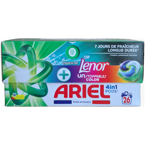 Ariel All-in-1 PODS + Lenor Unstoppables Color skalbimo kapsulių pakuotė, 26 vnt