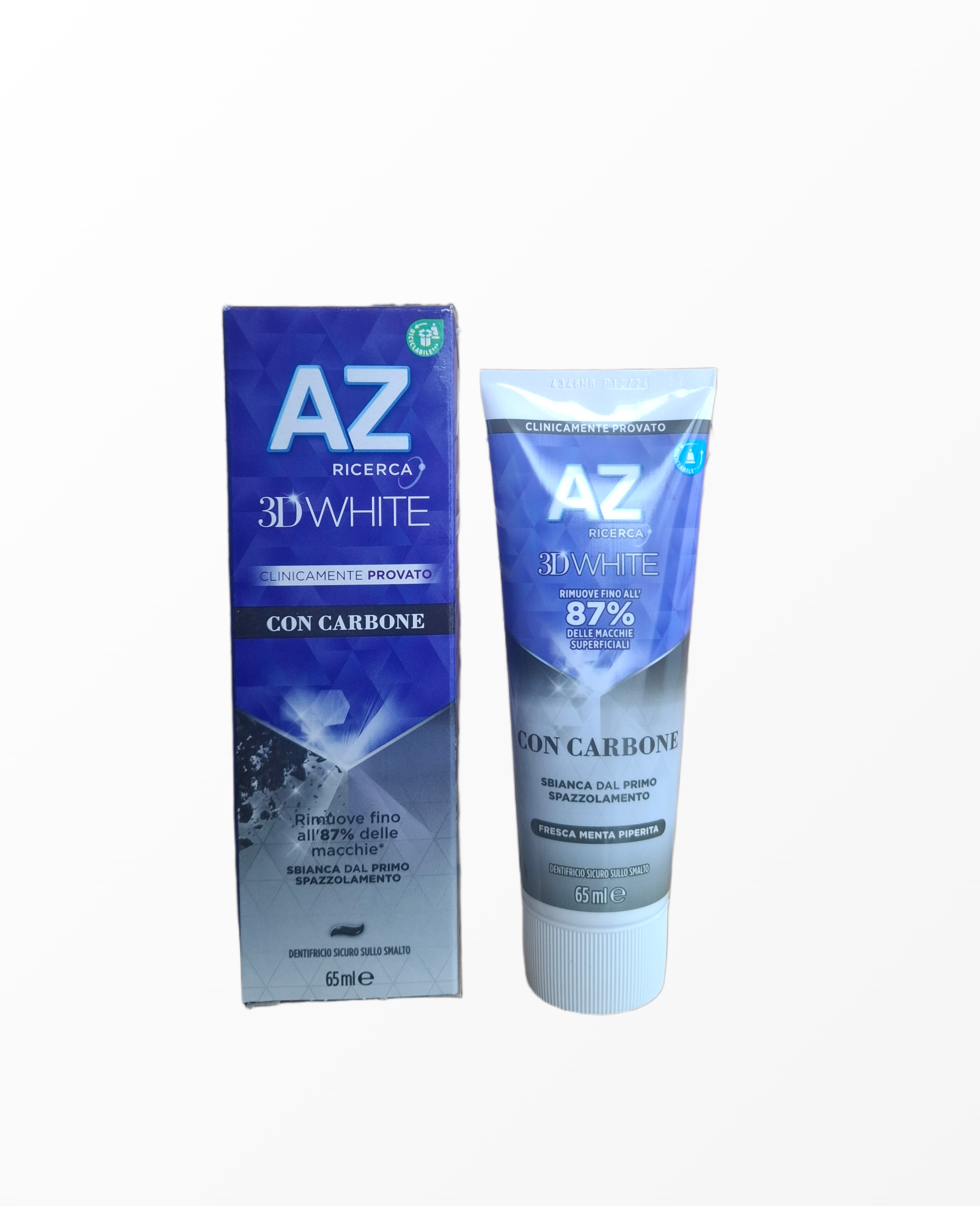 az-3d-white-con-carbone-dantu-pasta-balinamoji-65ml.jpg Balinamoji dantų pasta AZ Ricerca 3D White Con Carbone 65 ml mėlynoje pakuotėje