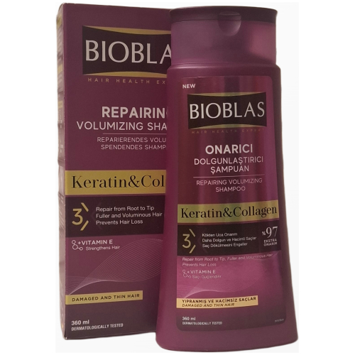 Bioblas Repairing Volumizing šampūnas su keratinu ir kolagenu pažeistiems plaukams, 360 ml pakuotė