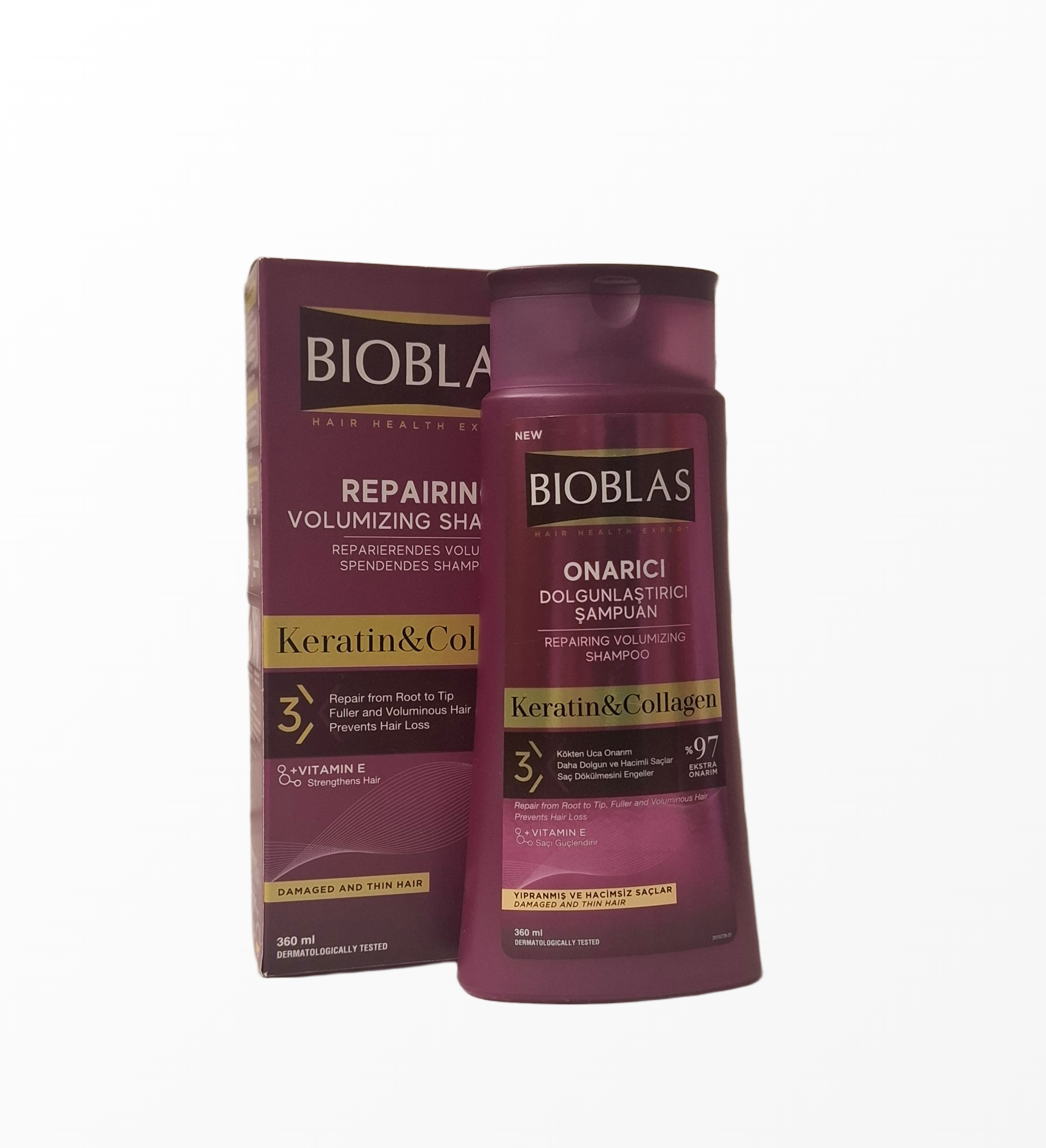 Bioblas Repairing Volumizing šampūnas su keratinu ir kolagenu pažeistiems plaukams, 360 ml pakuotė
