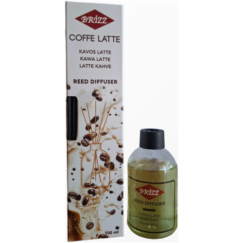 brizz-coffee-latte-namu-kvapas-su-lazdelemis-100ml.jpg Brizz Coffee Latte namų kvapas su pagaliukais stikliniame buteliuke ir pakuotė