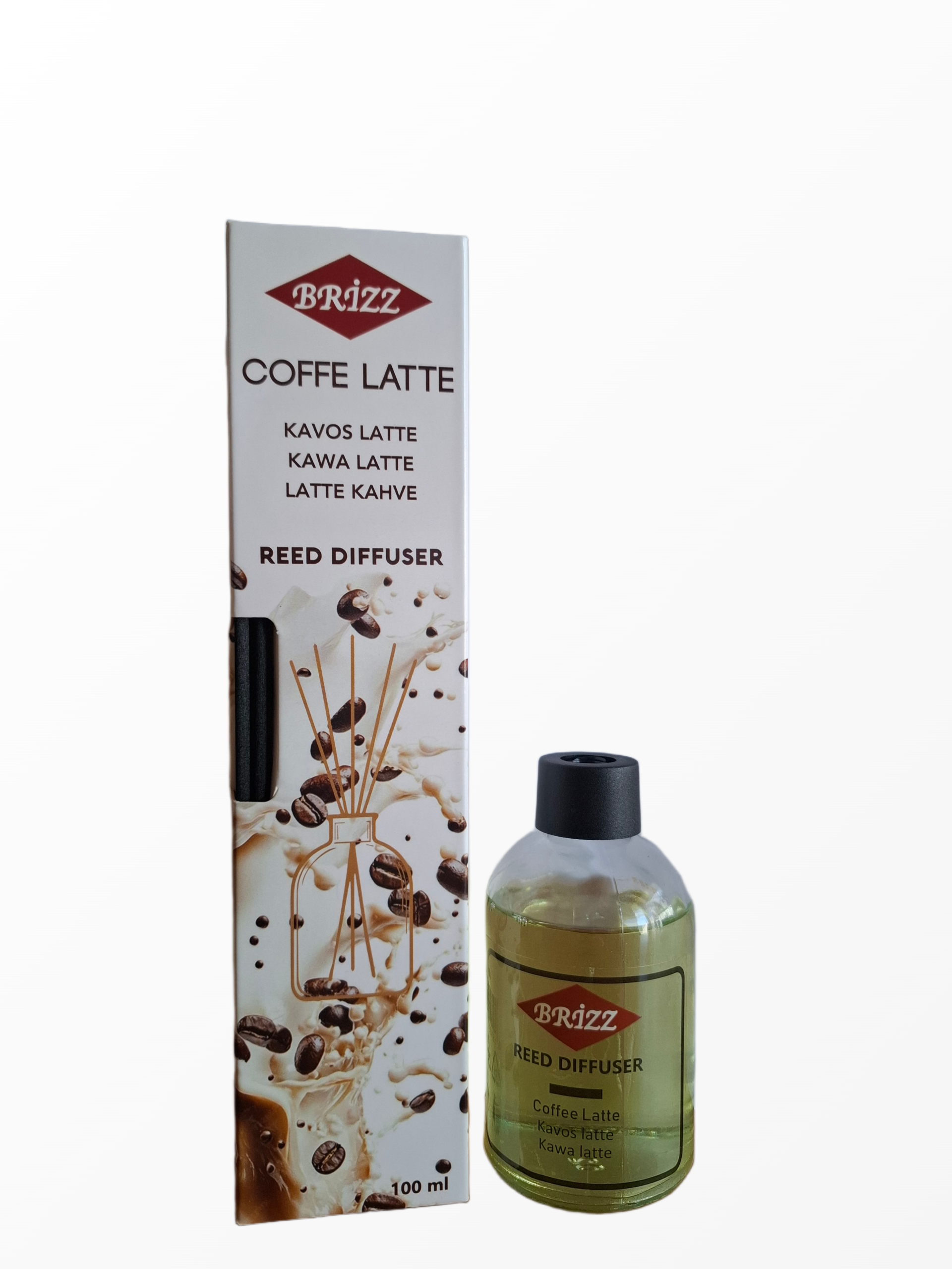 Brizz Coffee Latte namų kvapas su pagaliukais stikliniame buteliuke ir pakuotė
