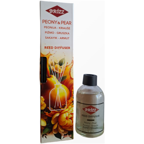 brizz-peony-pear-namu-kvapas-su-lazdelemis-100ml.jpg namų kvapai, namų kvapas su lazdelėmis, Brizz kvapai, bijūnų kvapas, kriaušių kvapas, namų aromatizavimas, brizz peony pear, kvapų difuzoriai, gėlių kvapas namams