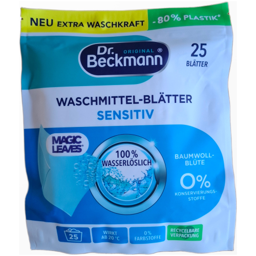 Dr. Beckmann Magic Leaves Sensitive magiški skalbimo lapeliai jautriai odai ir alergikams 25 vnt pakuotė