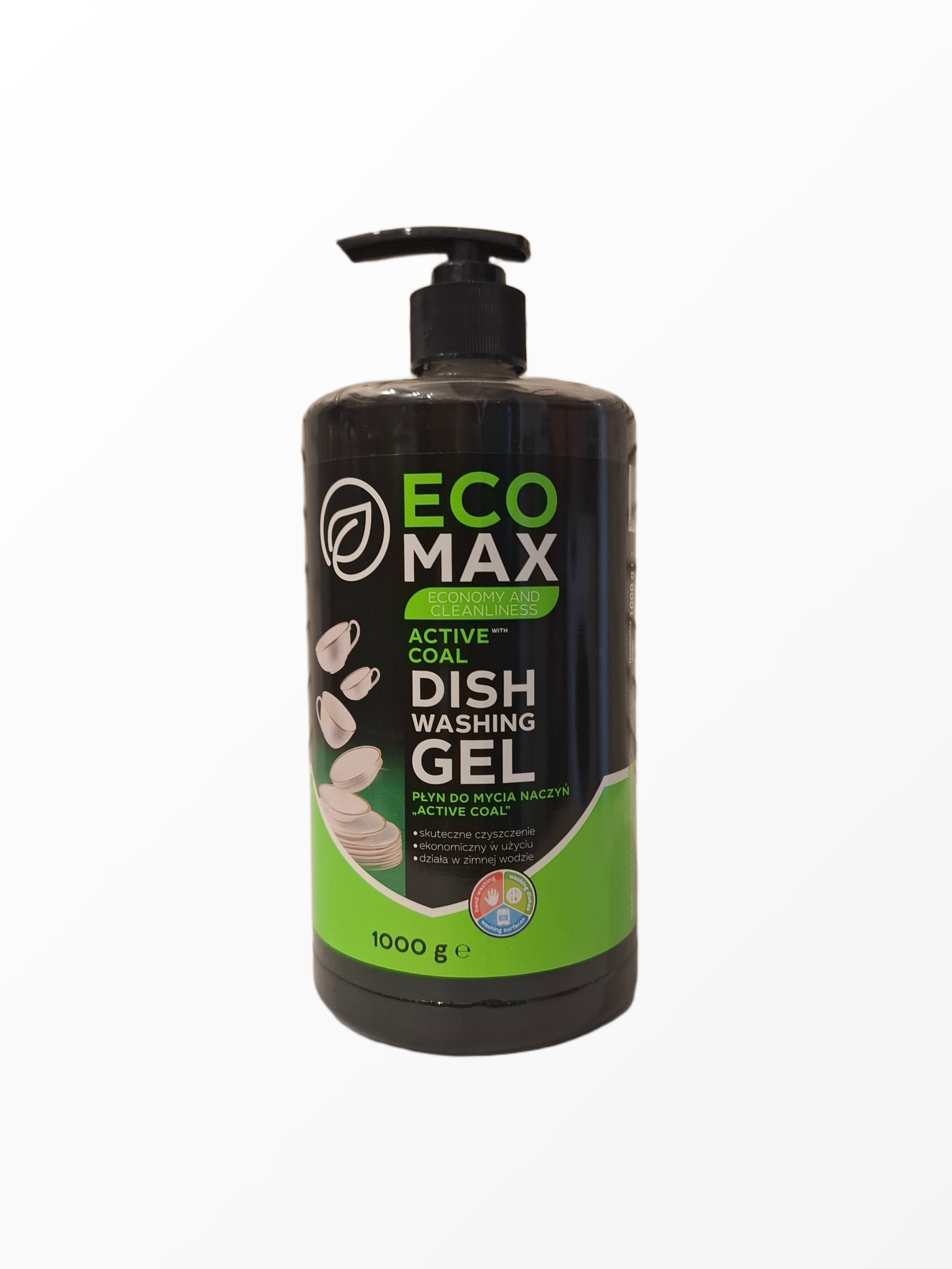 EcoMax Active Coal indų plovimo gelio 1000 g pakuotė su dozatoriumi