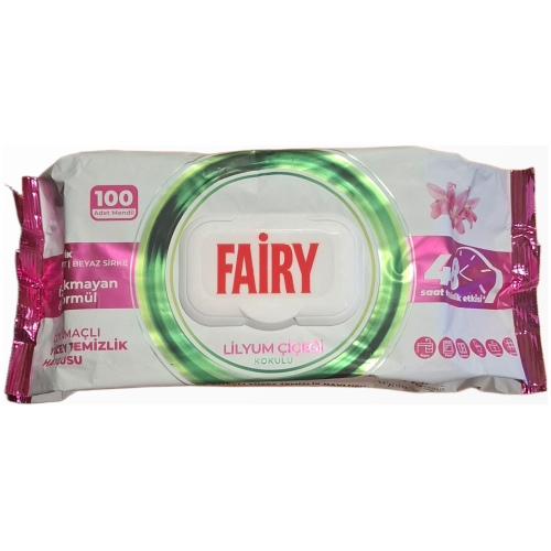 Fairy Lilyum Cicegi Kokulu universalių drėgnų valymo servetėlių 100 vienetų pakuotė su lelijų žiedų grafika
