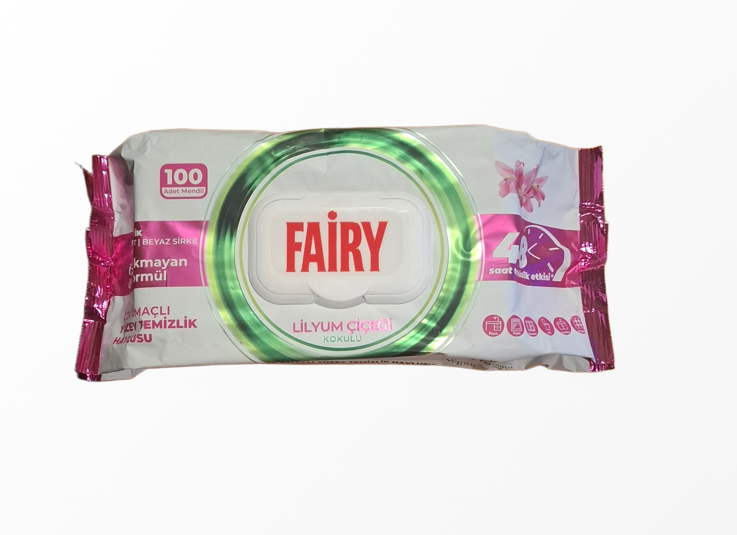 Fairy Lilyum Cicegi Kokulu universalių drėgnų valymo servetėlių 100 vienetų pakuotė su lelijų žiedų grafika