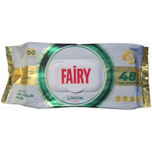 Geltona Fairy Limon Kokulu universalių drėgnų valymo servetėlių 100 vienetų pakuotė su citrinų grafika