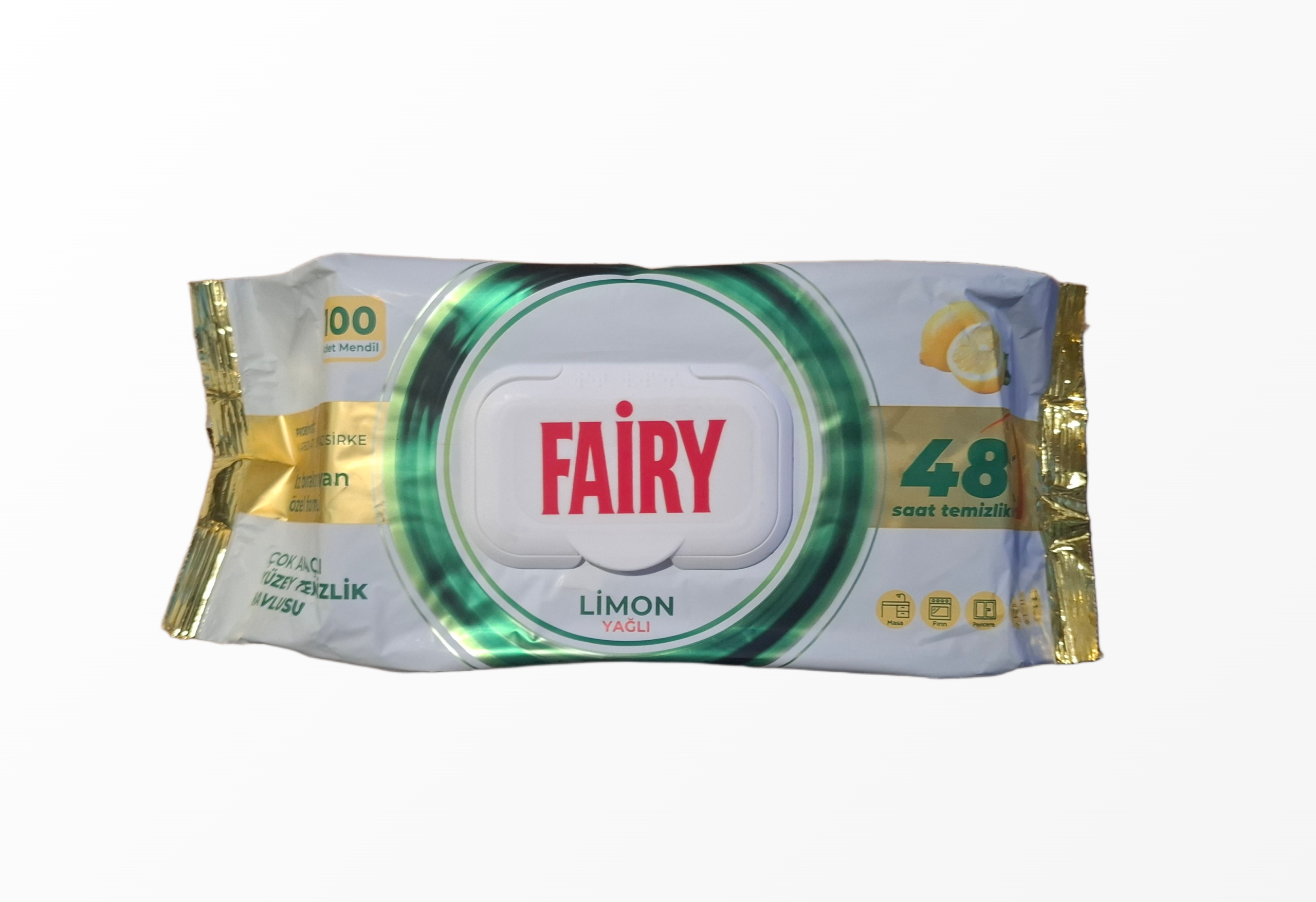 Geltona Fairy Limon Kokulu universalių drėgnų valymo servetėlių 100 vienetų pakuotė su citrinų grafika