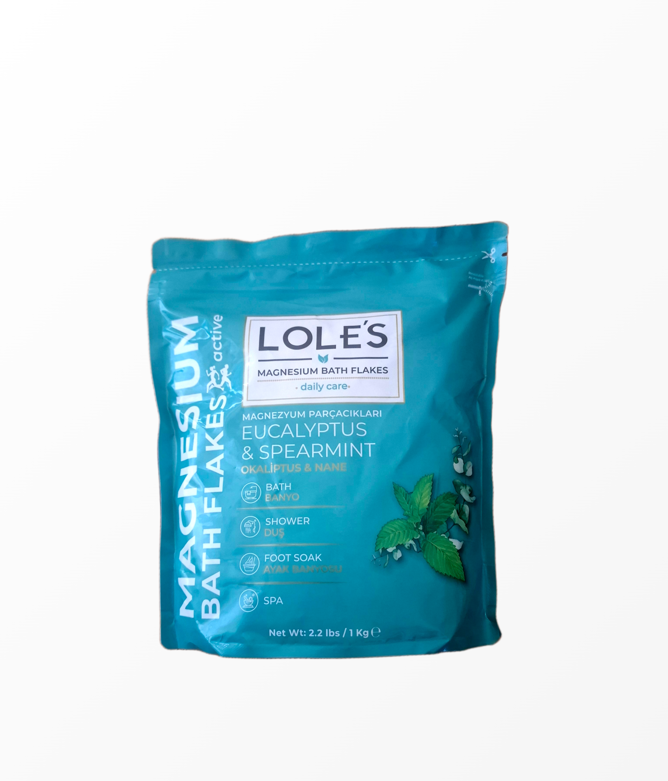 LOLE'S magnio chlorido dribsniai voniai su eukaliptu ir mėtomis 1kg pakuotėje