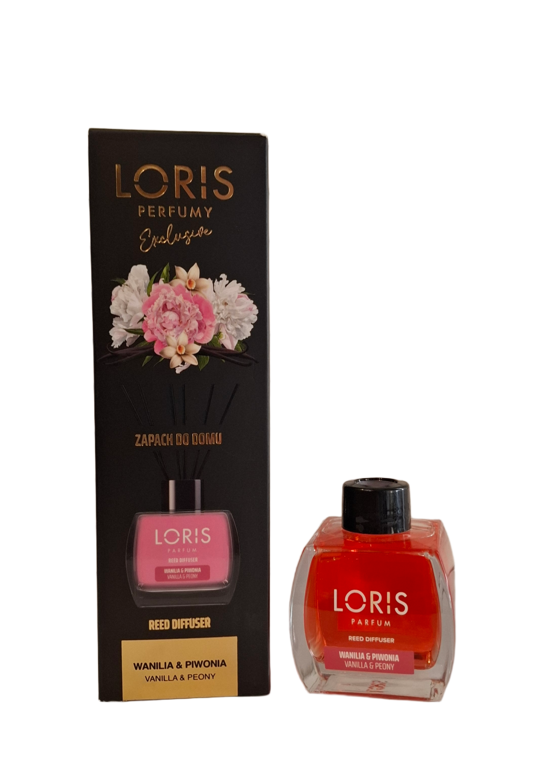 Juoda Loris Vanilla and Peony namų kvapo pakuotė ir stiklinis difuzoriaus buteliukas su oranžiniu skysčiu