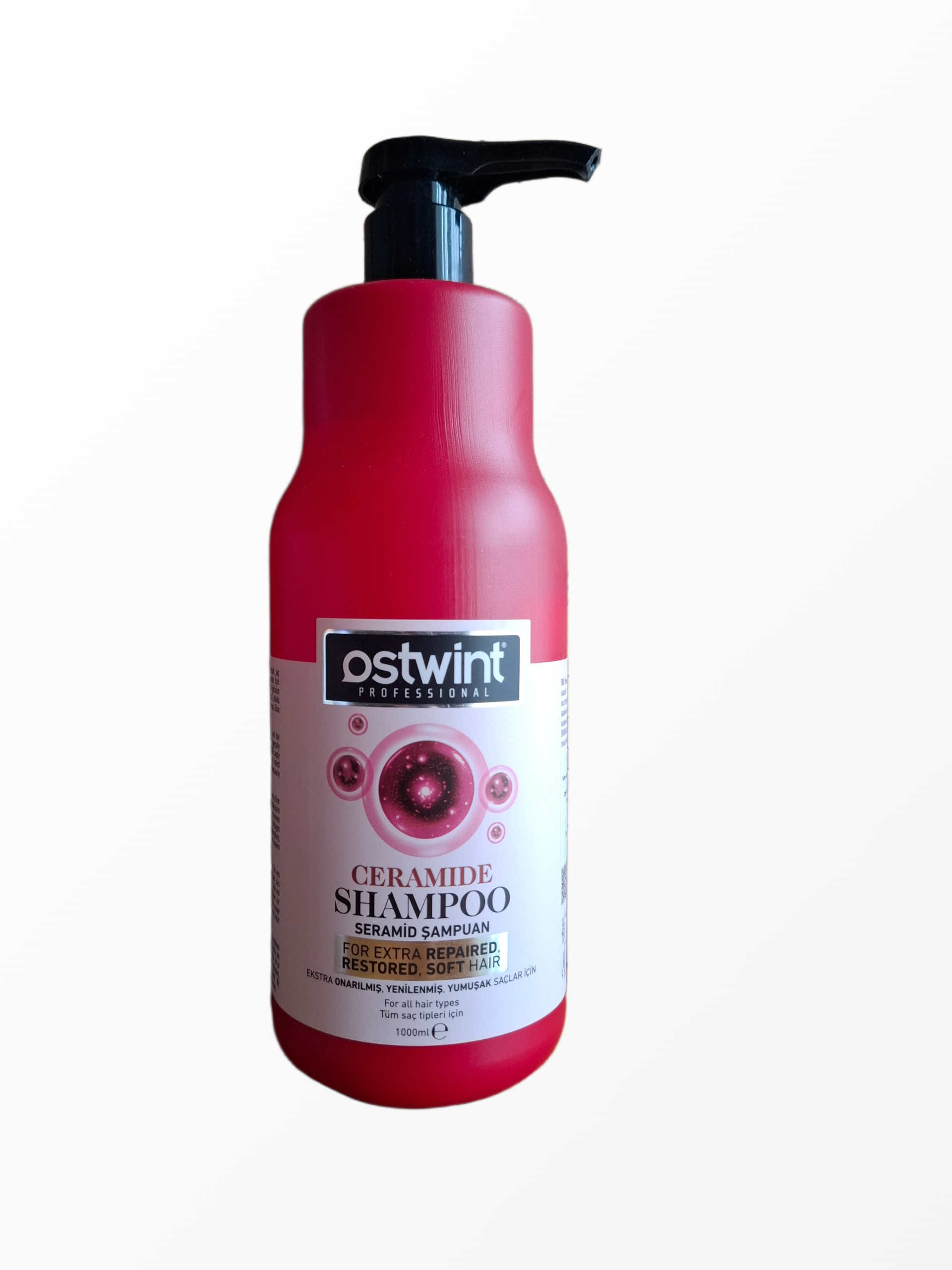 Atkuriamasis plaukų šampūnas Ostwint Professional Ceramide Shampoo 1000 ml raudonas buteliukas su dozatoriumi