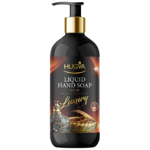 Prabangus juodas Hugva Luxury Oud skysto muilo buteliukas su dozatoriumi