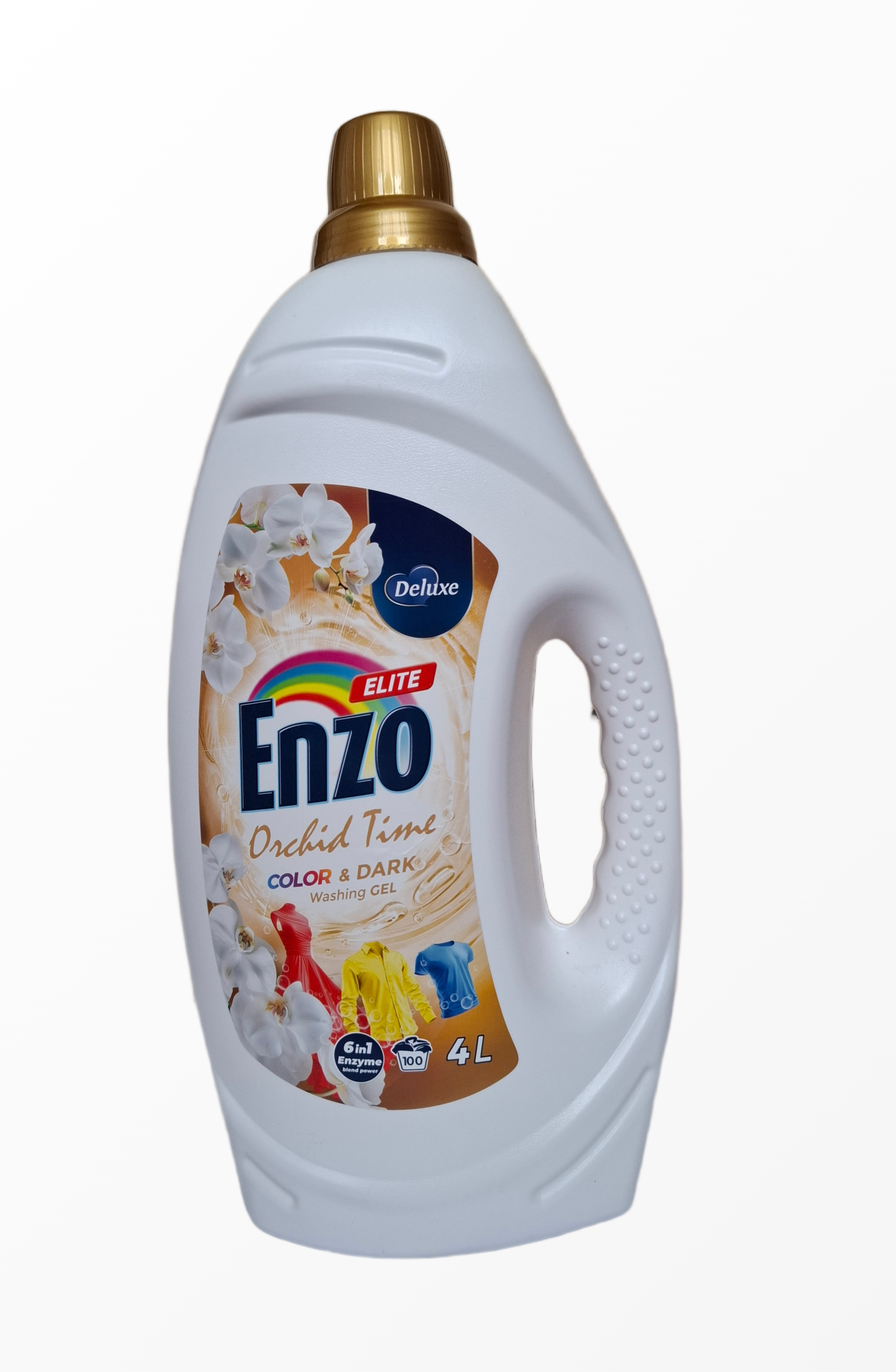 Skalbimo gelis Deluxe Enzo Elite Orchid Time spalvotiems ir tamsiems drabužiams, 4 litrai, 100 skalbimų