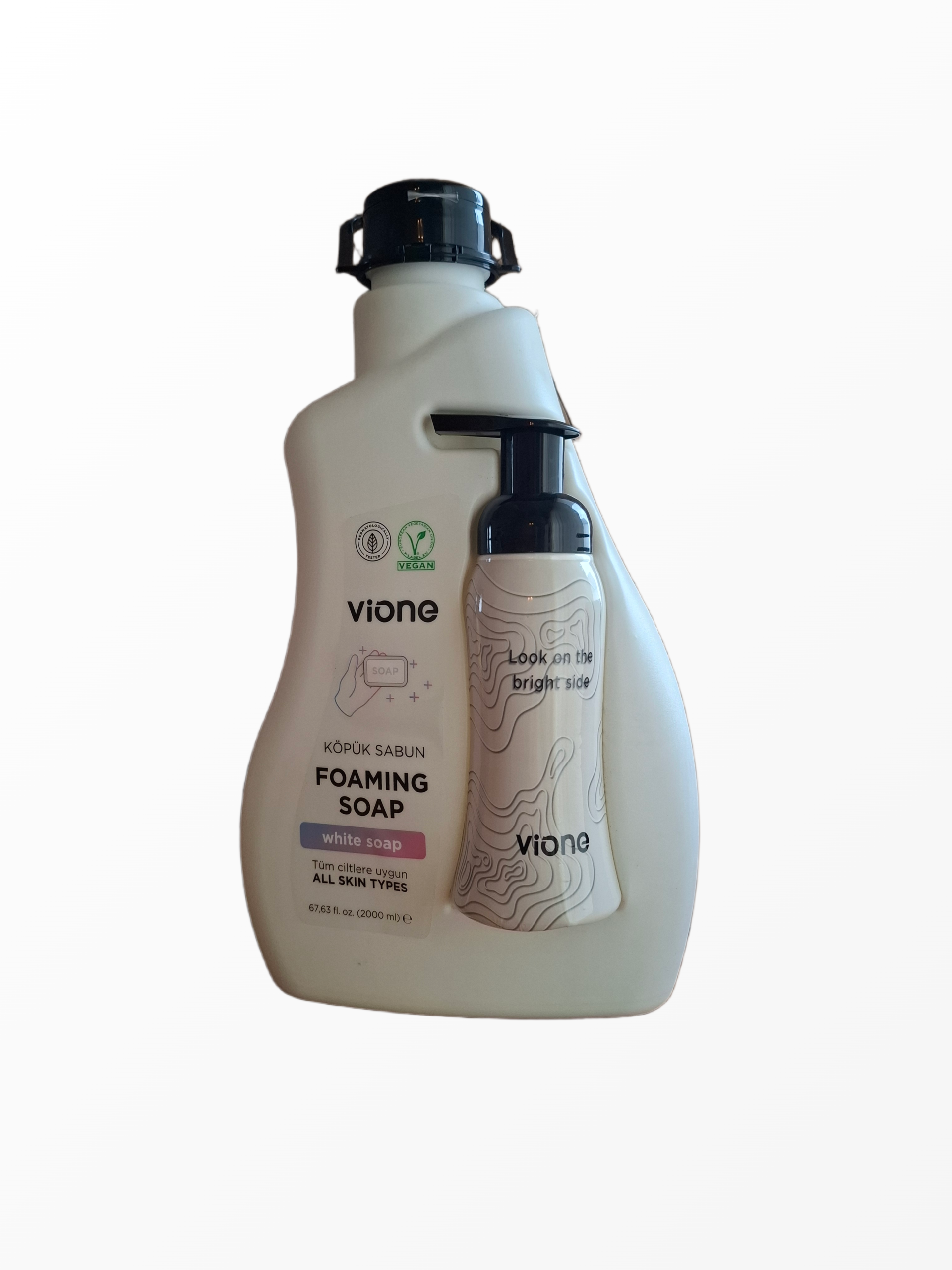 vione-white-soap-putojantis-ranku-muilas-2000ml.jpg Vione White Soap veganiškas putojantis rankų muilas dviejų litrų talpoje su išimamu dozatoriumi