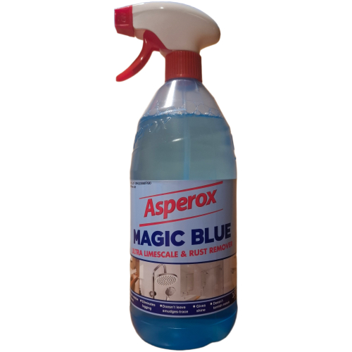 Kalkių ir rūdžių valiklis Asperox Magic Blue Ultra Limescale and Rust Remover 1 L buteliukas su mėlynu skysčiu