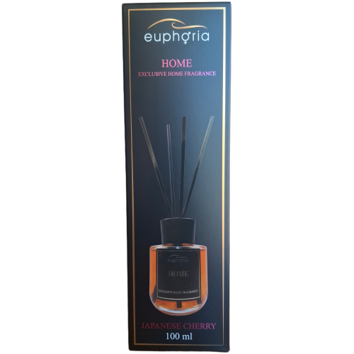 Juoda Euphoria Home namų kvapo dėžutė ir stiklinis difuzorius su lazdelėmis, Japanese Cherry aromatas, 100 ml talpa.