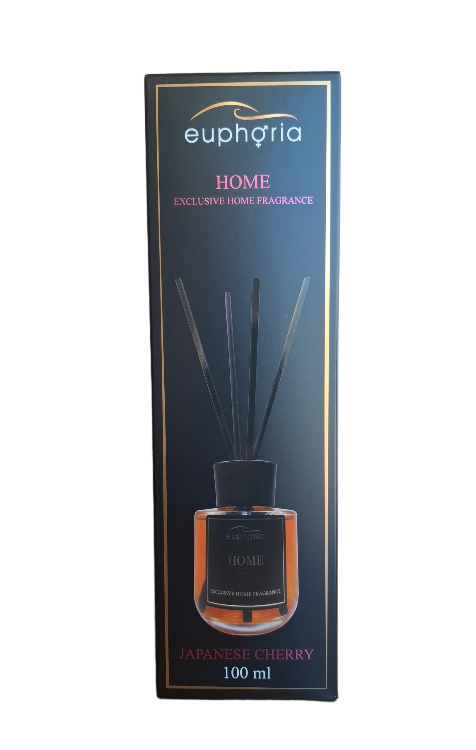 euphoria-home-japanese-cherry-namu-kvapas-su-lazdelemis.jpg Juoda Euphoria Home namų kvapo dėžutė ir stiklinis difuzorius su lazdelėmis, Japanese Cherry aromatas, 100 ml talpa.