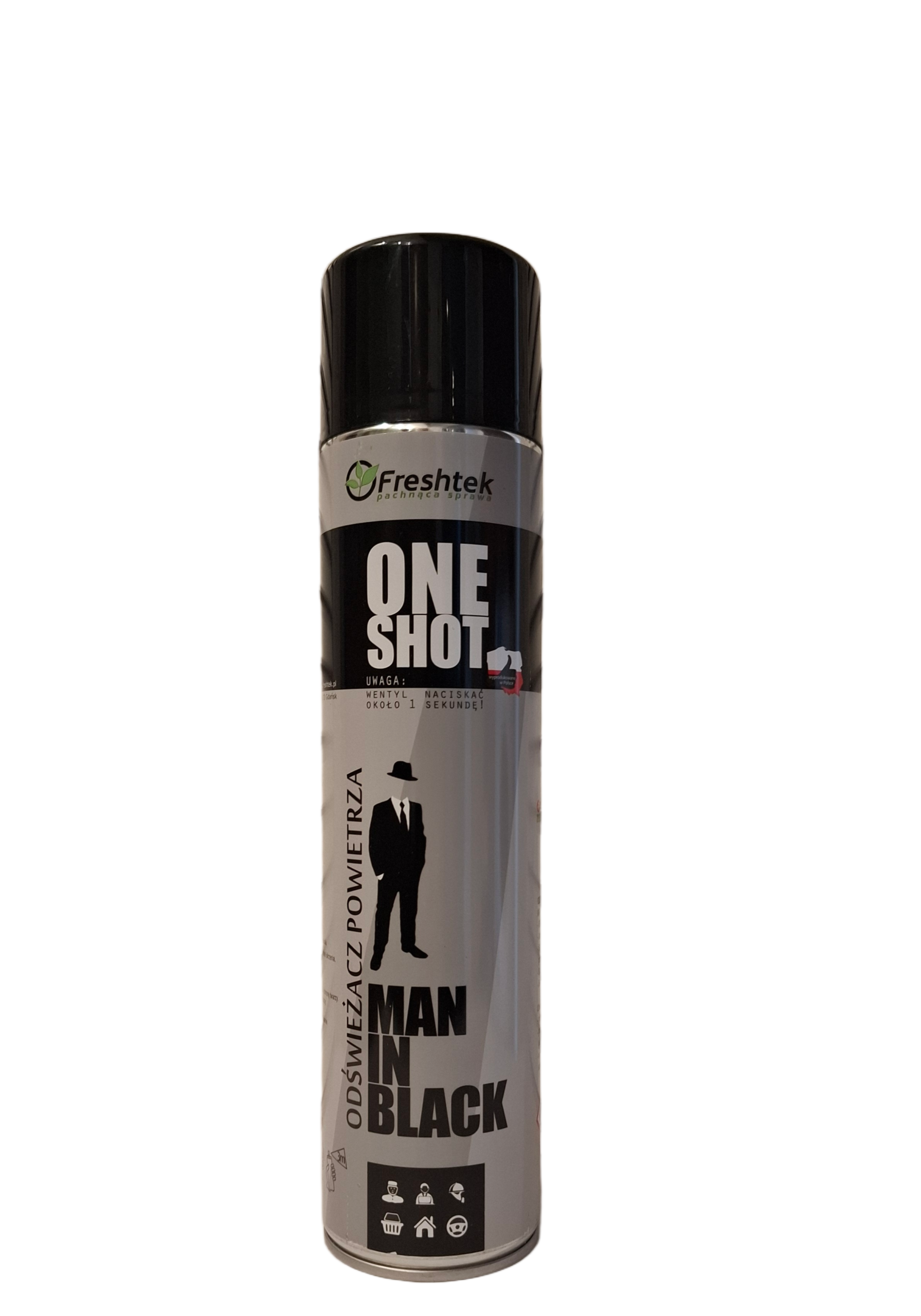 freshtek-one-shot-man-in-black-oro-gaiviklis.jpg Freshtek One Shot Man in Black sodraus vyriško kvepalų aromato profesionalus oro gaiviklis juodame flakone