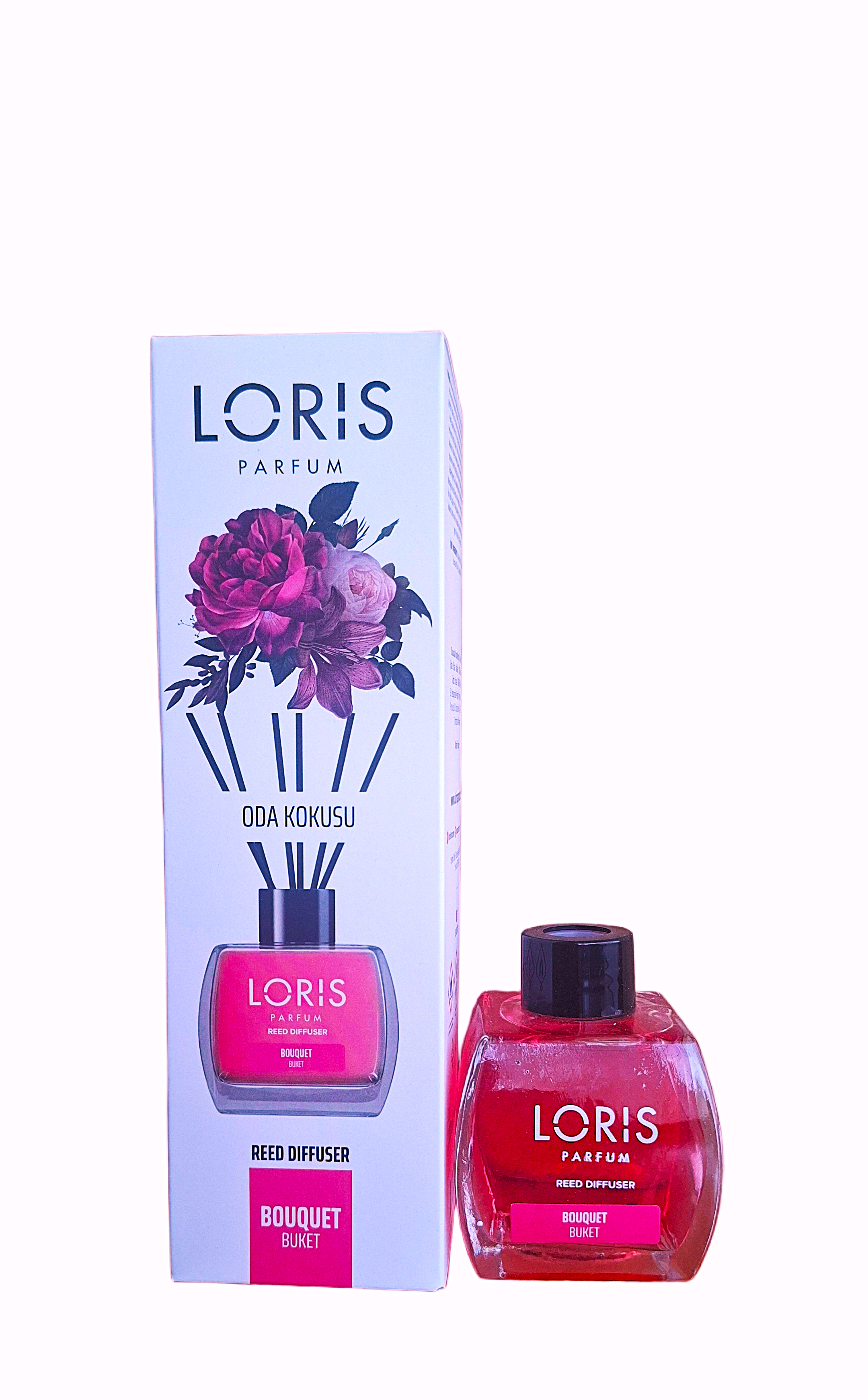 namu-kvapas-loris-bouquet-120ml.jpg Namu kvapas su bambuko lazdelemis Loris Bouquet stikliniame buteliuke su zydros spalvos pakuote