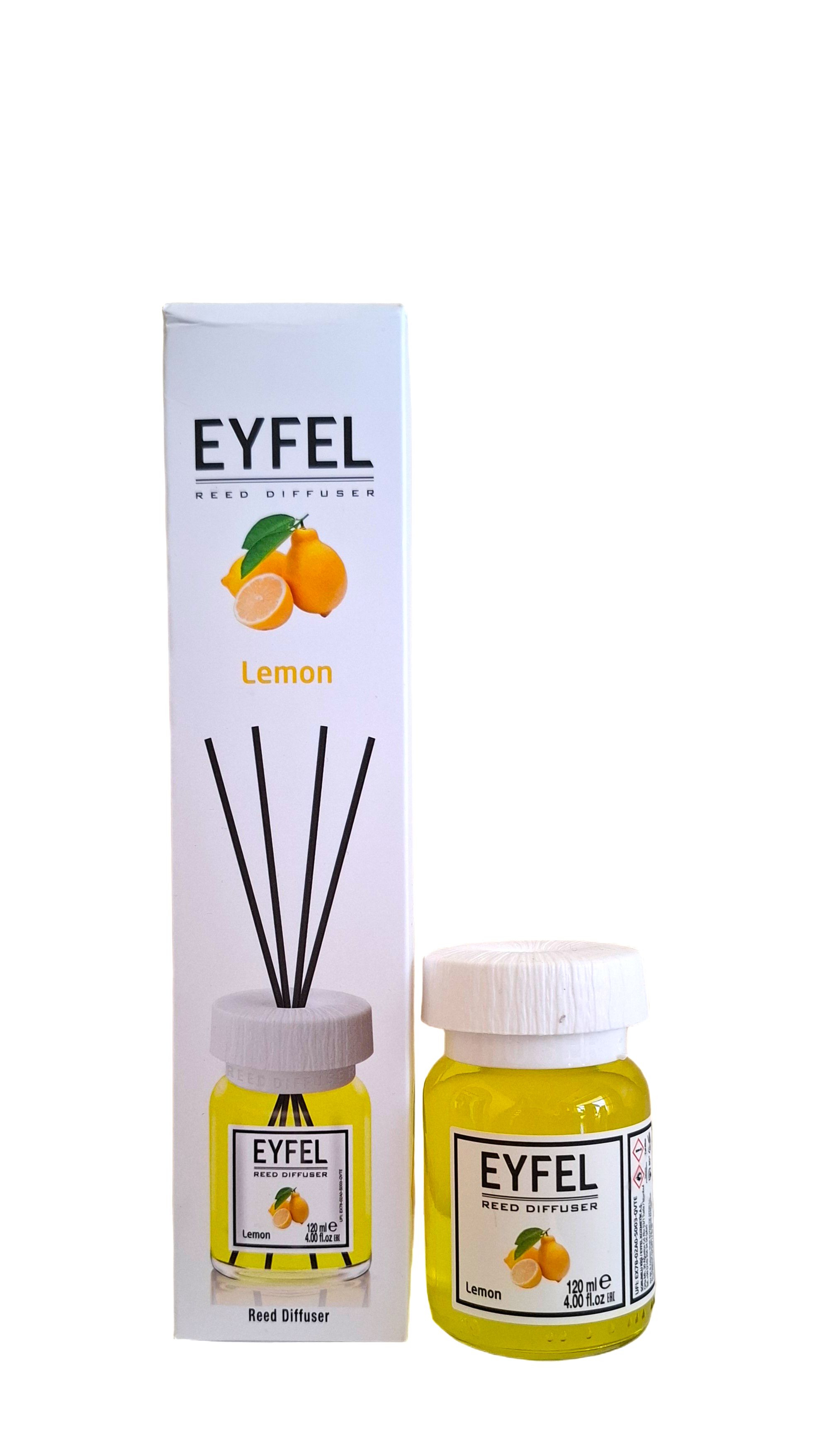 namu-kvapas-su-lazdelemis-eyfel-lemon-citrina-120ml.jpg Eyfel Lemon namų kvapas su lazdelėmis 120ml pakuotė ir buteliukas