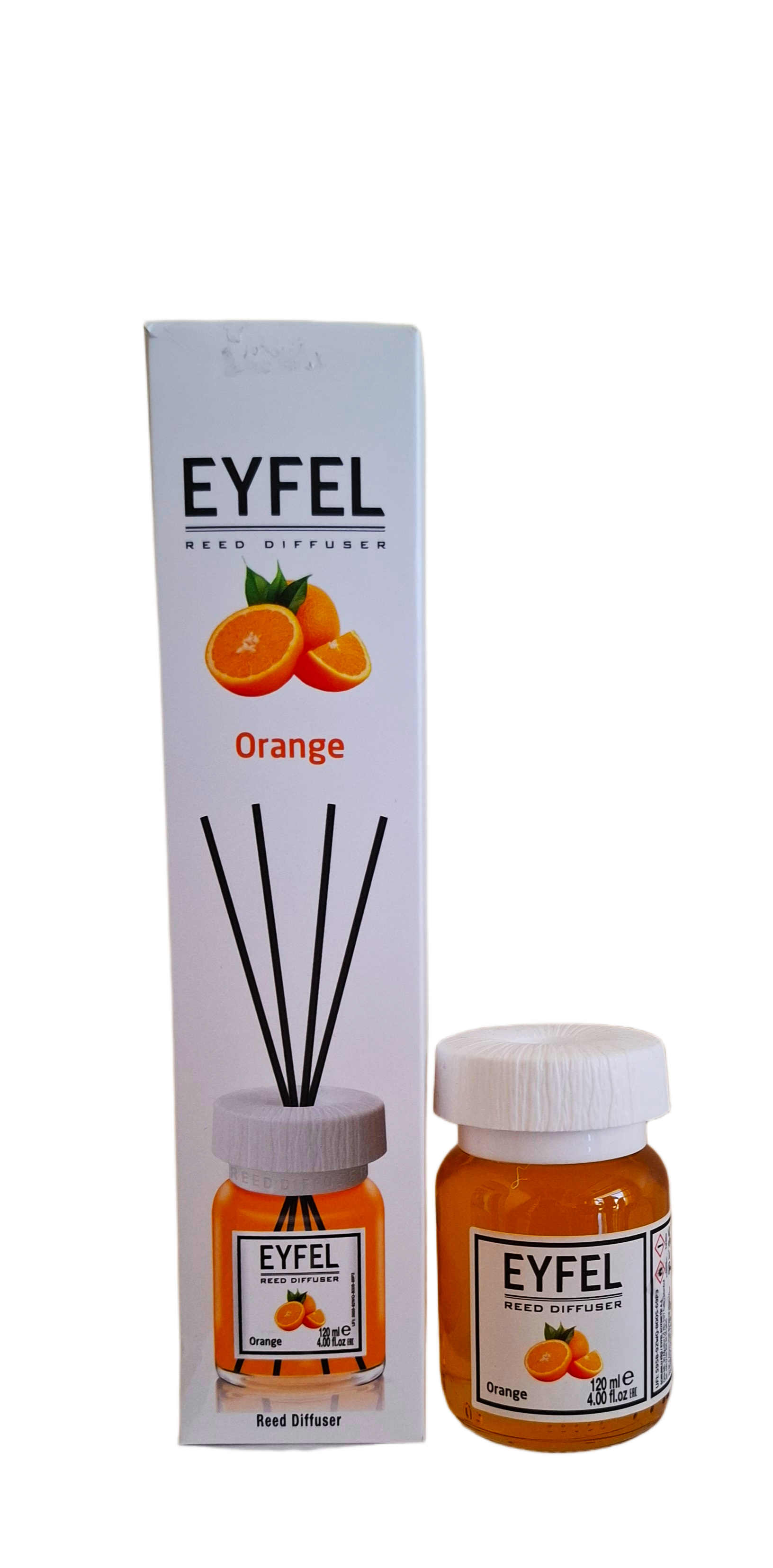 namu-kvapas-su-lazdelemis-eyfel-orange-apelsinas-120ml.jpg Eyfel Orange namų kvapas su lazdelėmis 120ml pakuotė ir buteliukas