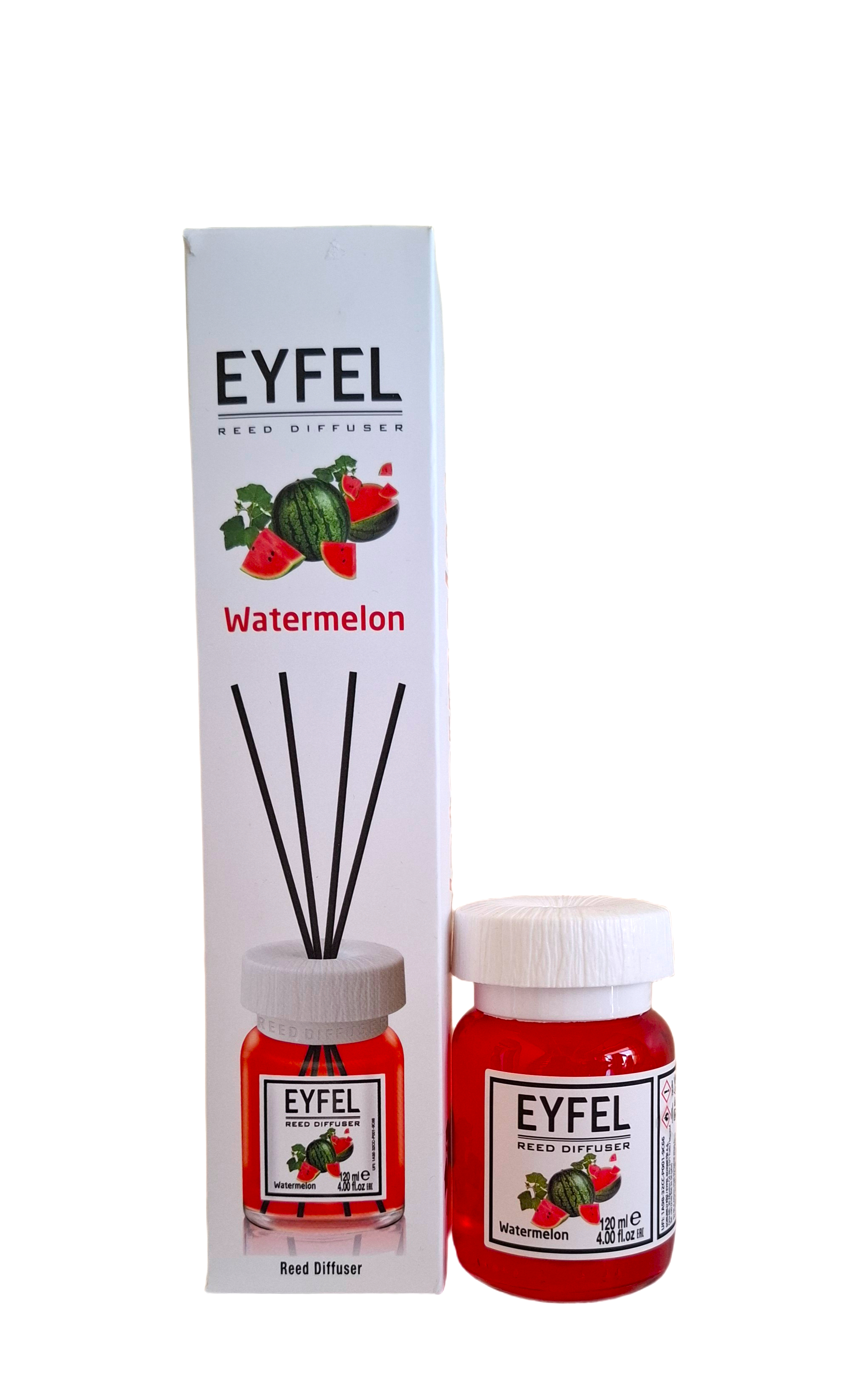 namu-kvapas-su-lazdelemis-eyfel-watermelon-arbuzas-120ml.jpg Eyfel Watermelon namų kvapas su lazdelėmis 120ml pakuotė ir buteliukas
