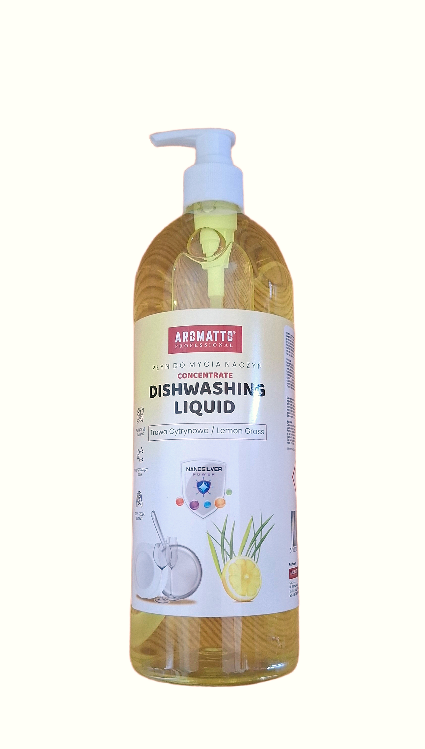 Profesionalus citrinžolių kvapo indų ploviklis Aromatto Lemon Grass su nano sidabru 1l butelyje su pompa