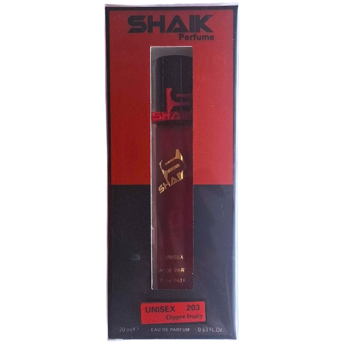 SHAIK 203 Unisex kvepalų 20ml pakuotė mėlyname ir raudoname fone