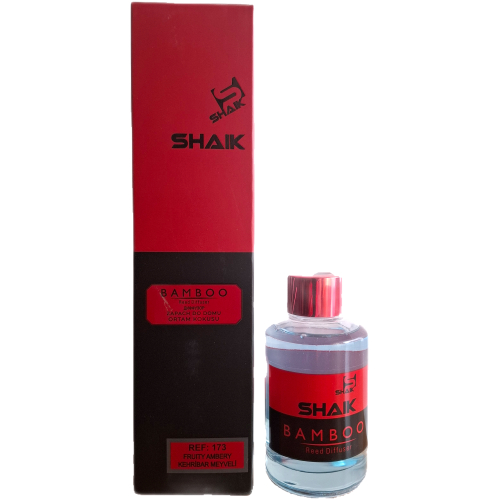 shaik-nr-173-erba-pure-115ml-namu-kvapas.jpg Stiklinis namų kvapo buteliukas ir raudona pakuotė SHAIK Bamboo Nr. 173 Erba Pure su lazdelėmis