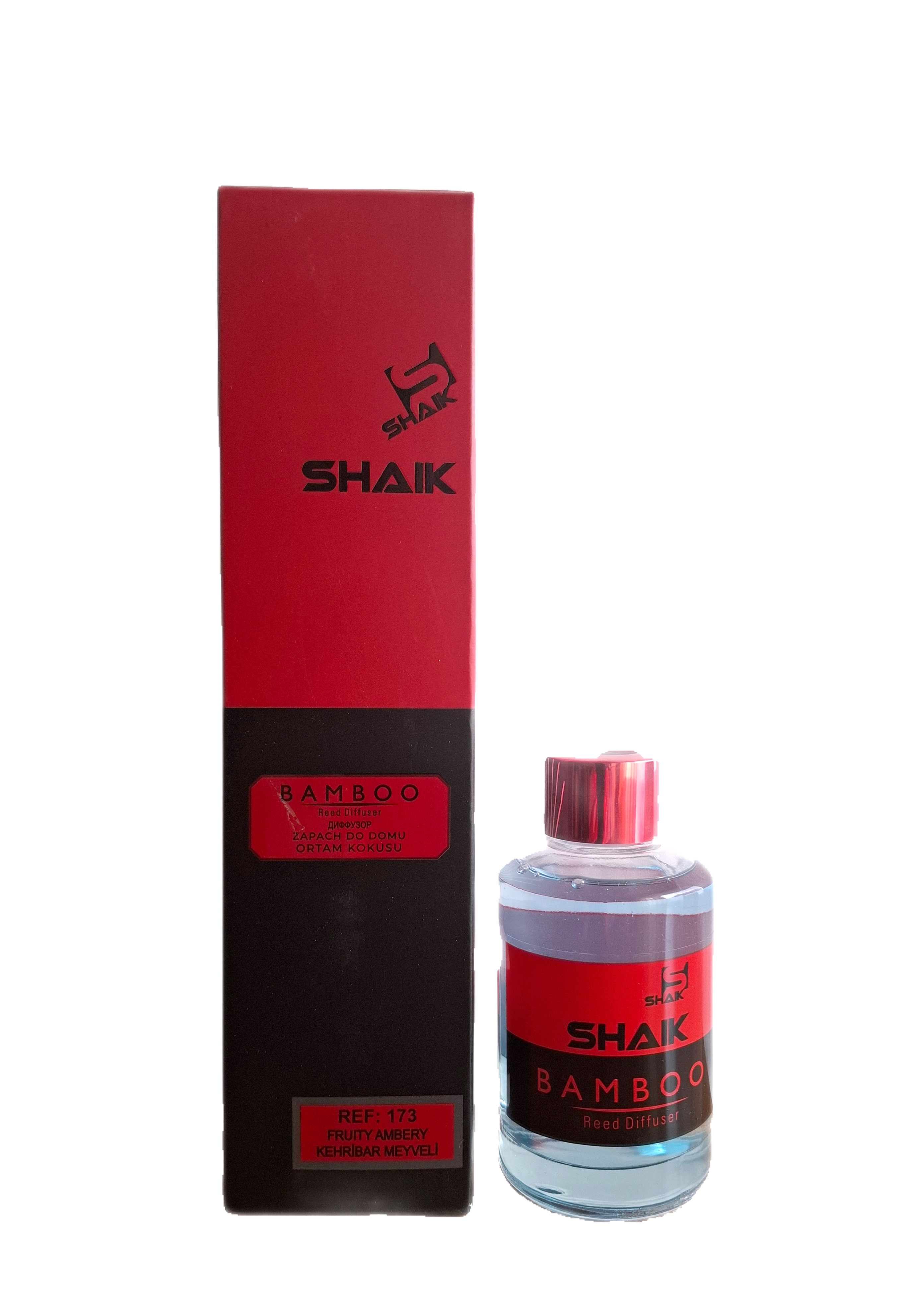 shaik-nr-173-erba-pure-115ml-namu-kvapas.jpg Stiklinis namų kvapo buteliukas ir raudona pakuotė SHAIK Bamboo Nr. 173 Erba Pure su lazdelėmis