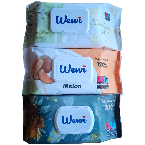 Wewi dregnu serveteliu rinkinys 3 pakuotes po 120 vienetu Daisy ir Melon kvapu