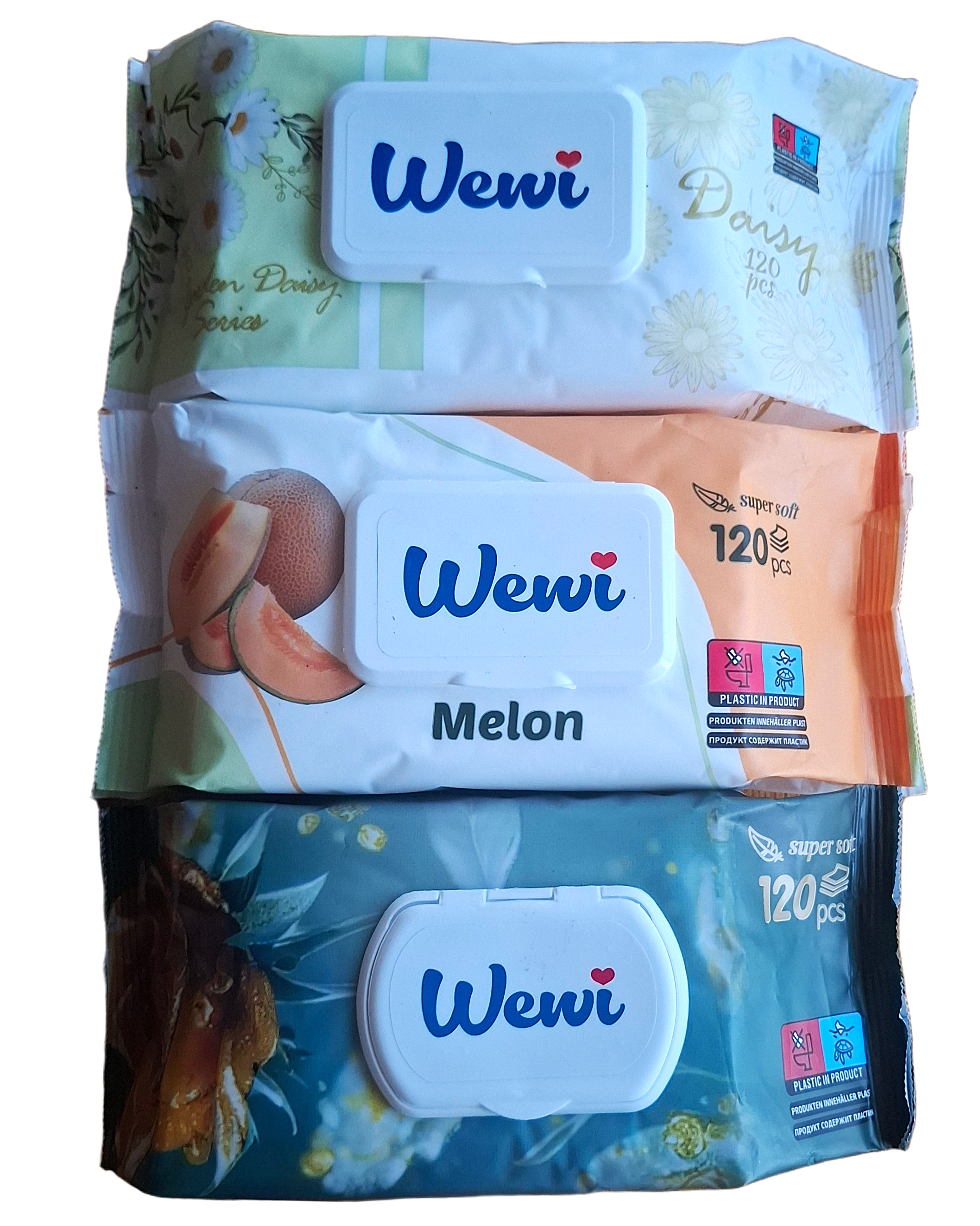 wewi-dregnos-serveteles-rinkinys-120-vnt.jpg Wewi dregnu serveteliu rinkinys 3 pakuotes po 120 vienetu Daisy ir Melon kvapu