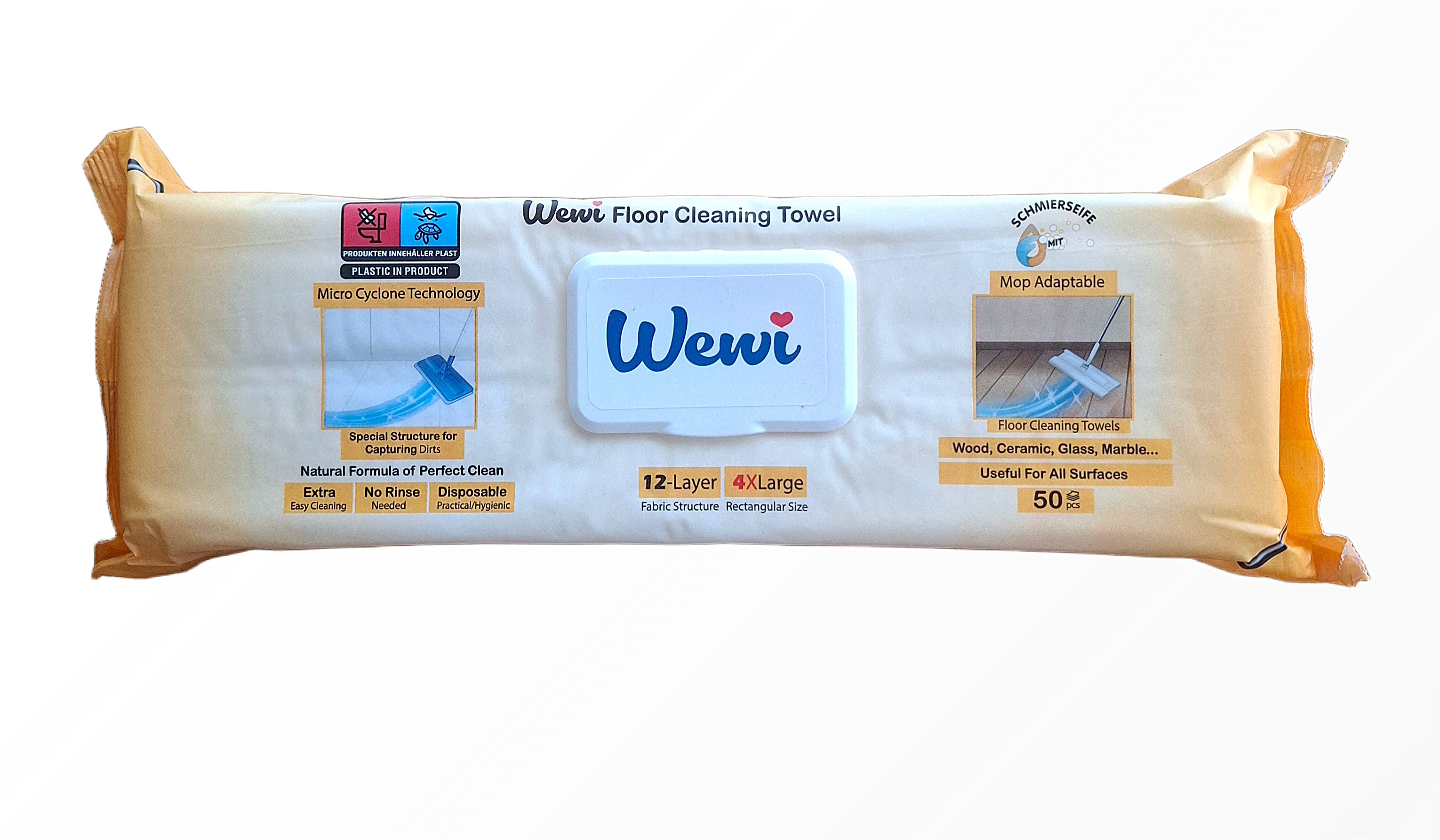Wewi Easy Clean drėgnos grindų valymo šluostės su vokišku muilu mopo įdėklai geltonoje pakuotėje 50 vnt