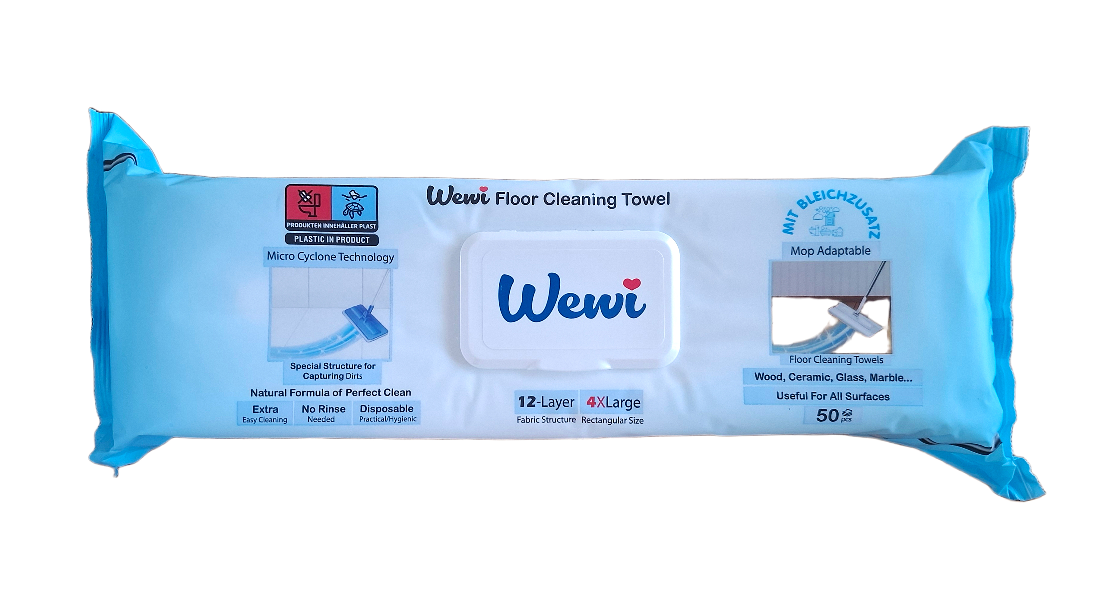 Wewi Easy Clean drėgnos grindų valymo šluostės su baliklio priedu mopo įdėklai mėlynoje pakuotėje 50 vnt