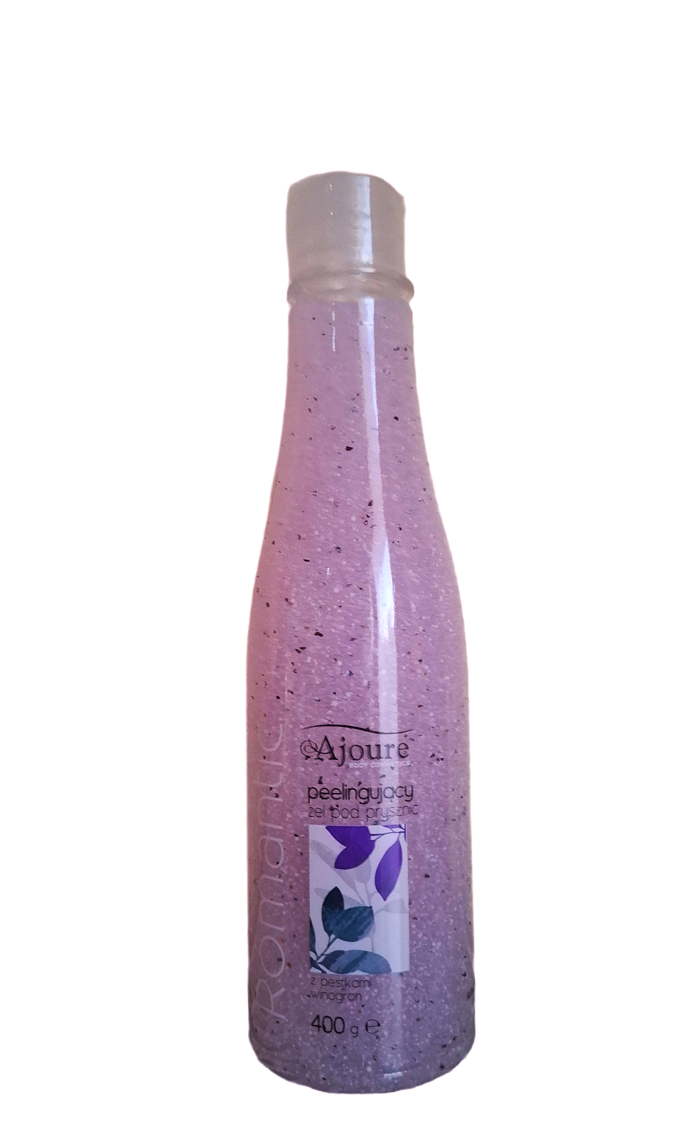 ajoure-romantic-duso-pilingo-gelis-sveitiklis-400g.jpg Ajoure Romantic violetinis dušo gelis-pilingas su vynuogių kauliukų granulėmis pailgame permatomame buteliuke