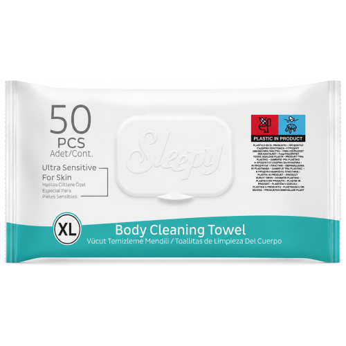 sleepy-body-cleaning-towel-xl-50-vnt.jpg Didelės drėgnos kūno valymo servetėlės Sleepy Body Cleaning Towel XL pakuotėje
