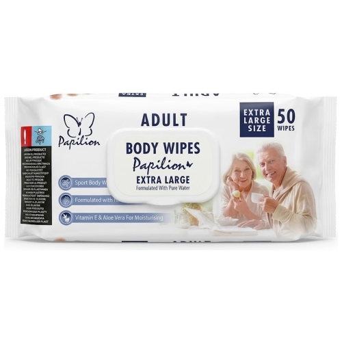 dregnos-kuno-serveteles-suaugusiems-papilion-adult-wipes.jpg Mėlyna ir balta Papilion Adult Body Wipes drėgnų kūno servetėlių suaugusiems pakuotė su plastikiniu dangteliu ant medinio pagrindo