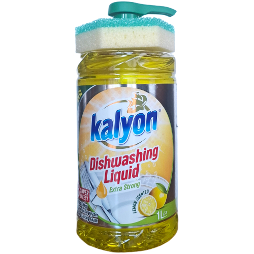 kalyon-indu-ploviklis-su-kempinele-lemon-1l.jpg Geltonas indų ploviklis Kalyon Lemon 1 l talpos butelyje su dozavimo pompa ir kempinėle viršuje