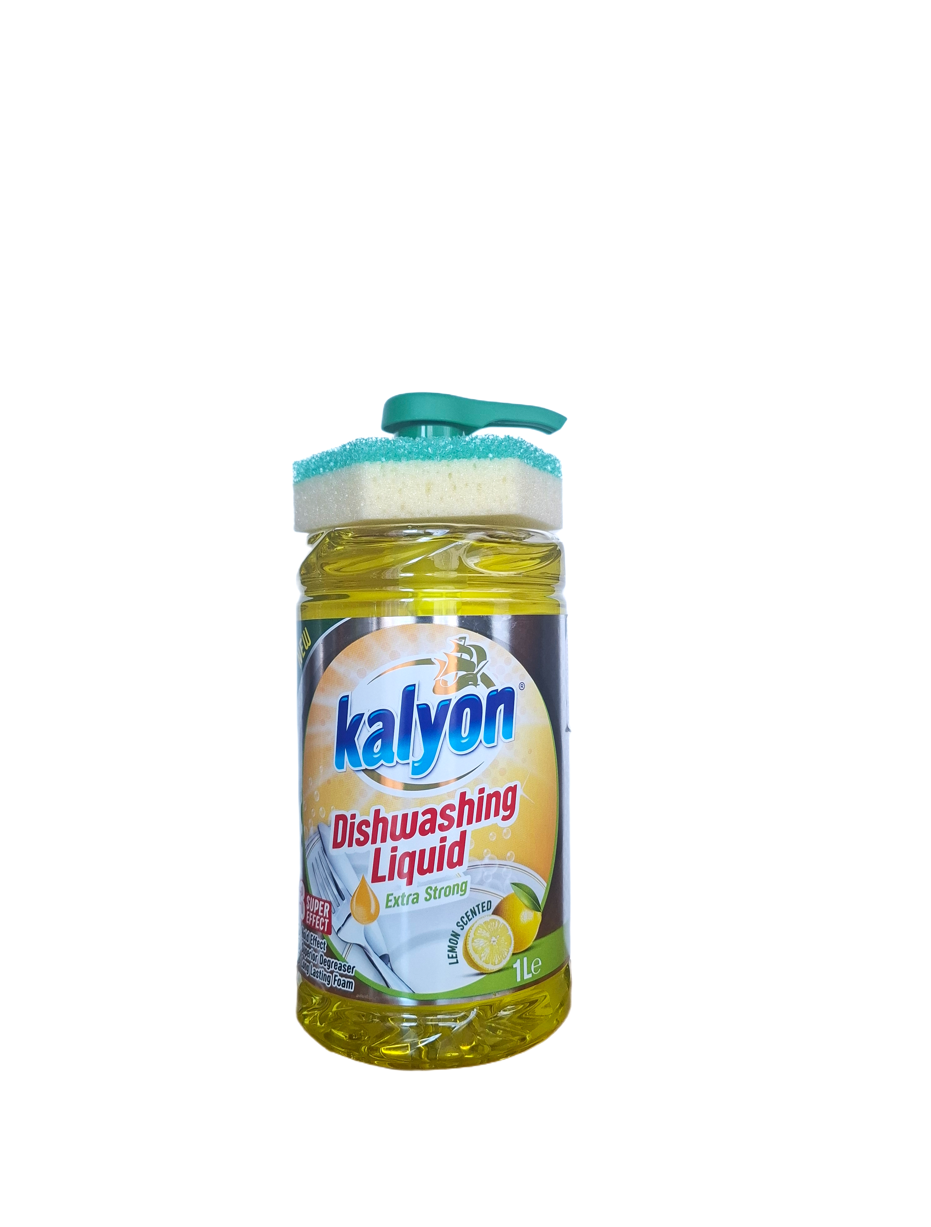 Geltonas indų ploviklis Kalyon Lemon 1 l talpos butelyje su dozavimo pompa ir kempinėle viršuje
