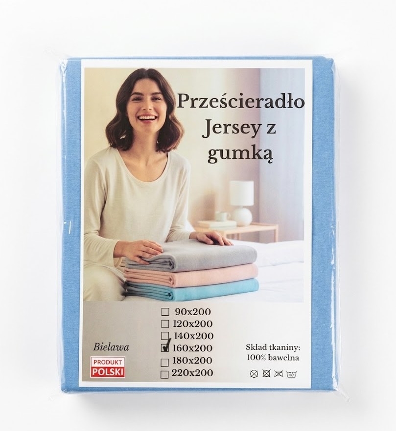 Žydra medvilninė trikotažinė paklodė su guma Jersey 160x200 cm pakuotėje baltame fone