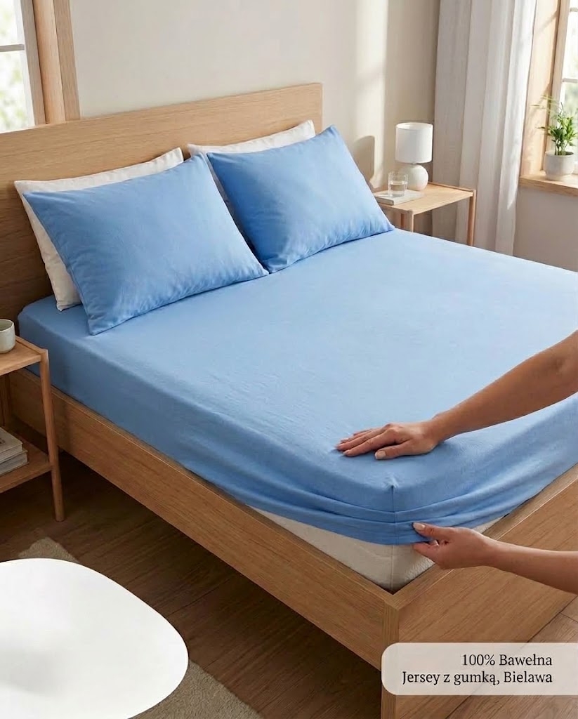Žydra trikotažinė paklodė su guma užvilkta ant čiužinio miegamajame