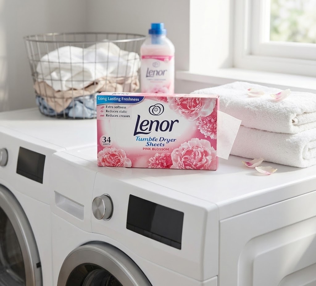lenor-pink-blossom-dziovykles-serveteles-naudojimas.jpg Lenor Pink Blossom kvapnios servetėlės džiovyklei ant skalbimo mašinos šalia sulankstytų rankšluosčių